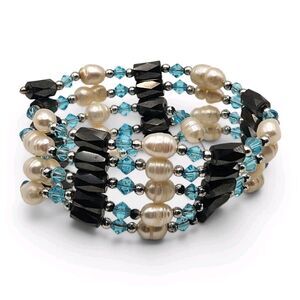 Women Gorgeous White Pearl Hematite Wrap Multi-Strand Bracelet Black Crystal Y
